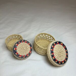 Woven Sweet Grass Round Baskets W/ Lids Purple Blue Yellow Red‎ Geometric Design